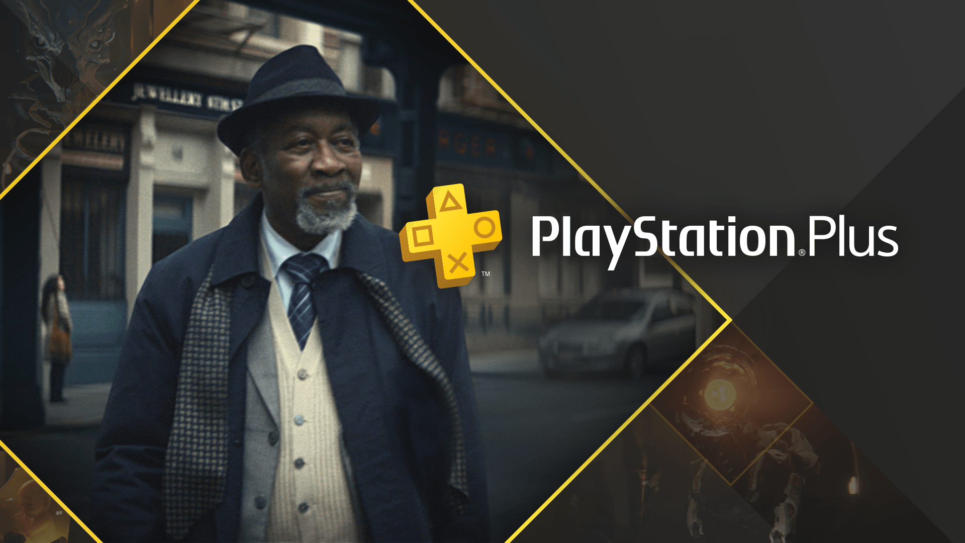 An elderly African-american man dressed in a suit with hat walking in the street. The PlayStation Plus logo displayed on top. In the background are easter eggs from select PlayStation Games