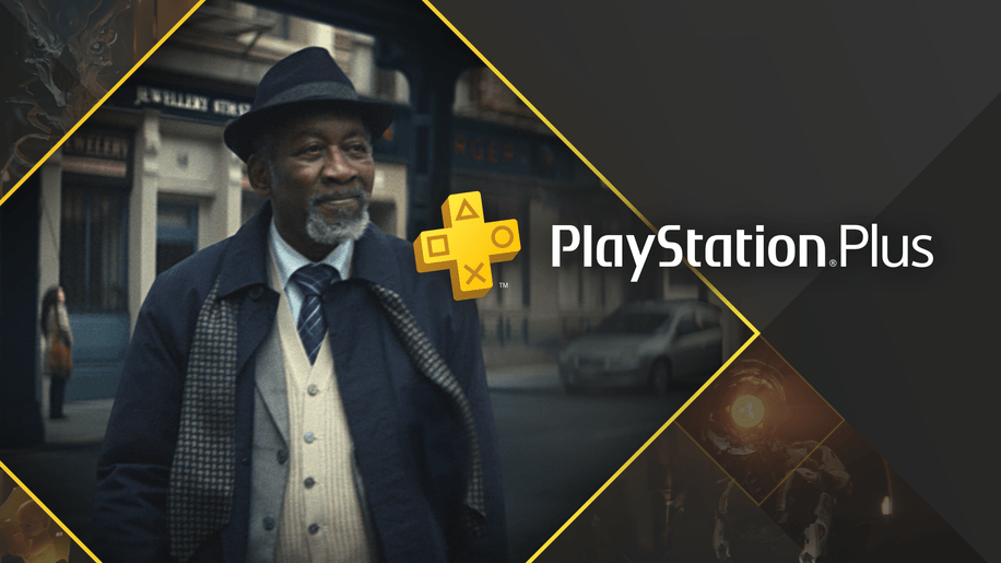 An elderly African-american man dressed in a suit with hat walking in the street. The PlayStation Plus logo displayed on top. In the background are easter eggs from select PlayStation Games