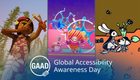 Three screen shots from independent games aligned horizontally. The images shown from left to right are an image from Tchia, Fall Guys, and Chicory. At the bottom is the logo for Global Accessibility Awareness Day.