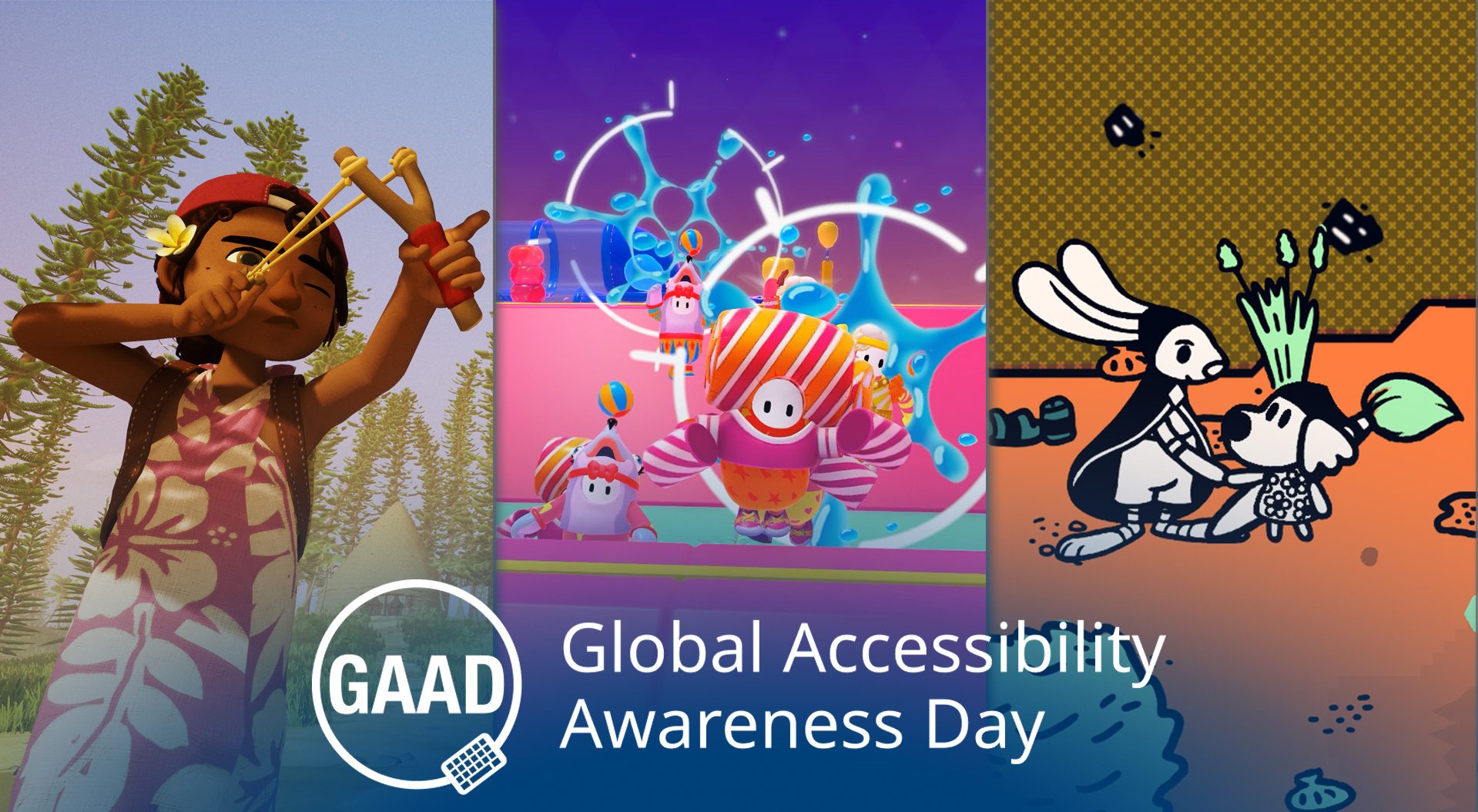 Three screen shots from independent games aligned horizontally. The images shown from left to right are an image from Tchia, Fall Guys, and Chicory. At the bottom is the logo for Global Accessibility Awareness Day.