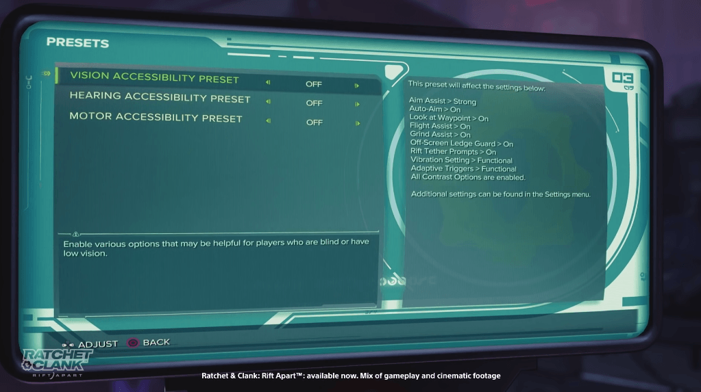A screen shot of in-game accessibility features from Ratchet & Clank: Rift Apart. The features displayed are Vision, Hearing, and Motor accessibility features. 