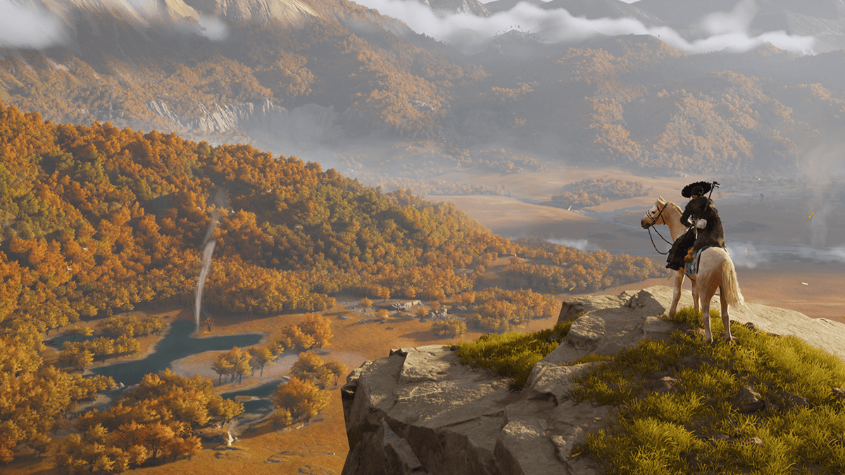 A female character is on a white horse, standing on a cliff looking down at a small mountain village.