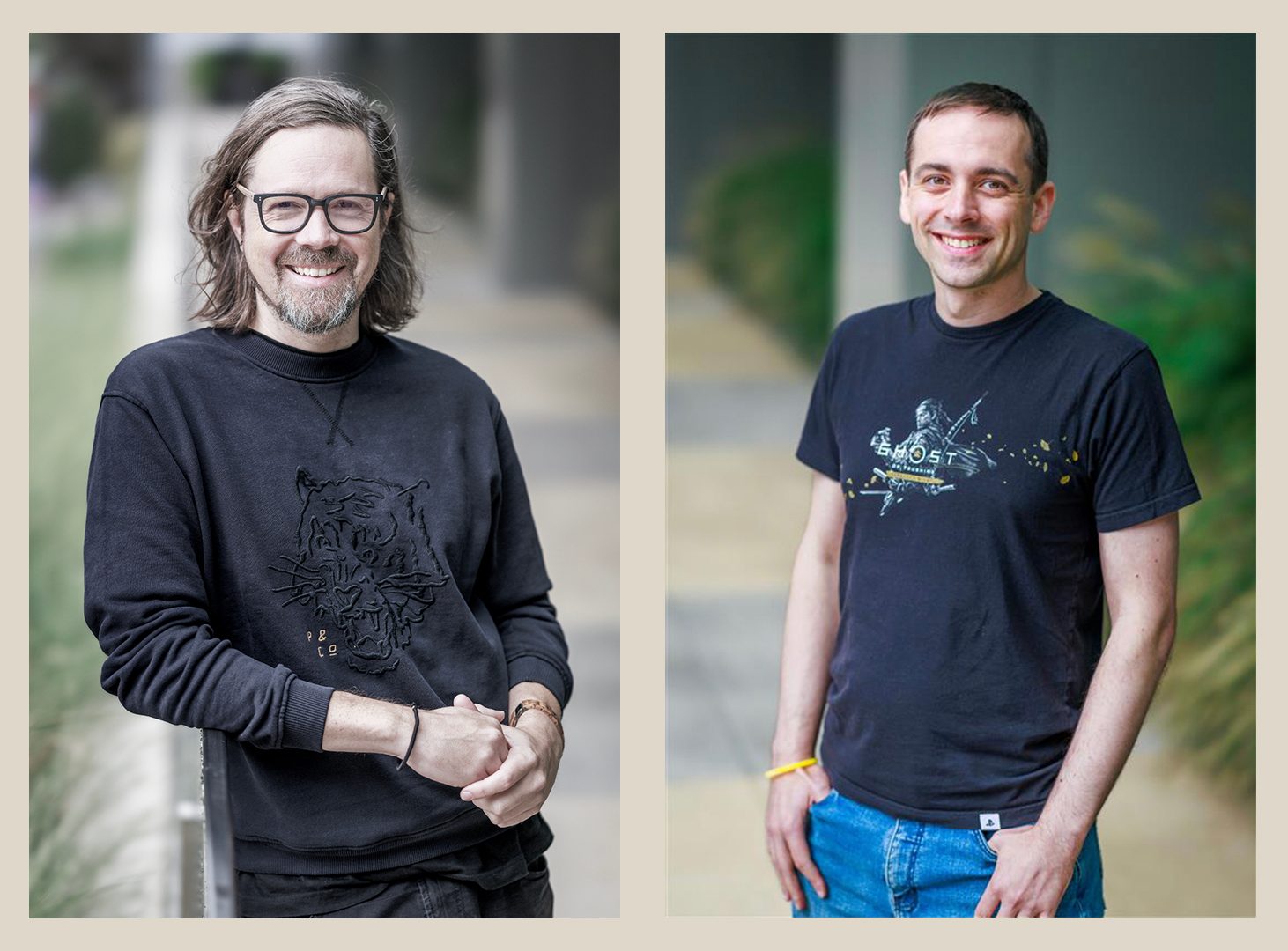 Jason Connell on left in long sleeve grey shirt, Adrian Bentley on right in dark blue tshirt. Blurred greenery in the background. 