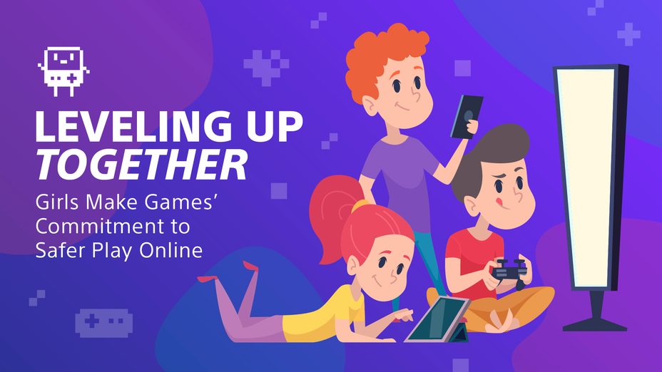 llustrations of children playing games on a TV and tablet for Girls Make Games initiative promoting safer online play