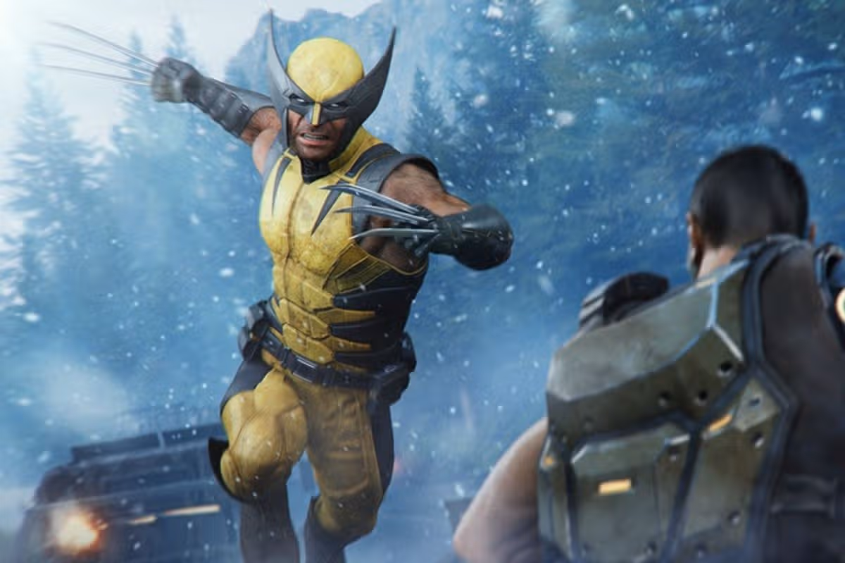 Wolverine charges toward an armored enemy with his claws extended in a snowy, forested environment.