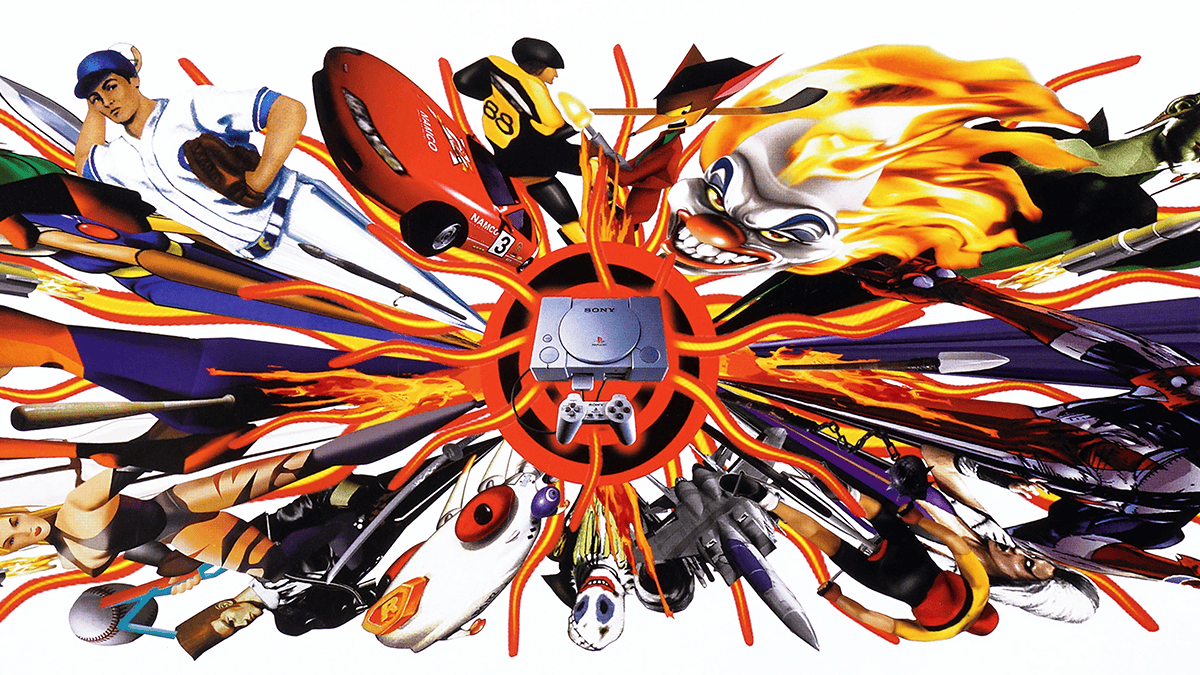 初代プレイステーションの周りをさまざまなプレイステーション作品のキャラクターたちが囲んでいる