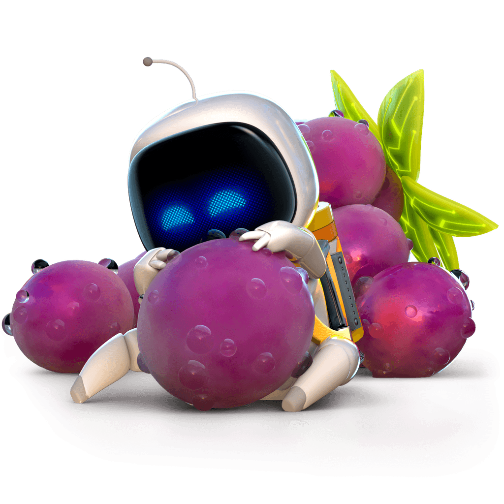 大きな紫色の木の実を抱きかかえるアストロボット