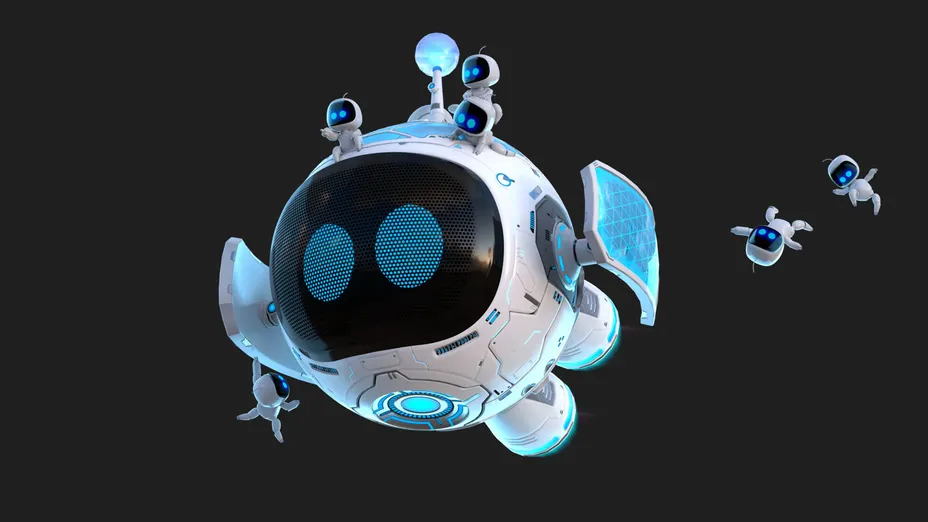 球体の大型メカに乗ったり周囲を飛んだりするボットたちの3Dグラフィック