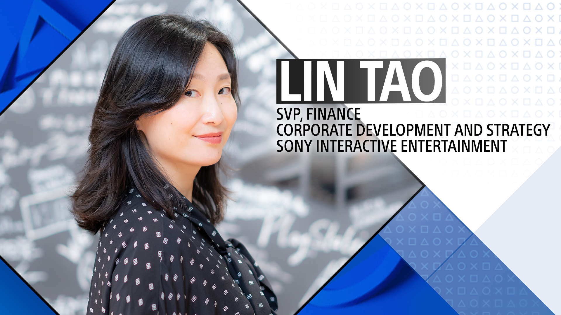 Lin Tao looking to the right. Lin Tao's title, "SVP, Finance, Corporate Development, and Strategy" appears on the right.